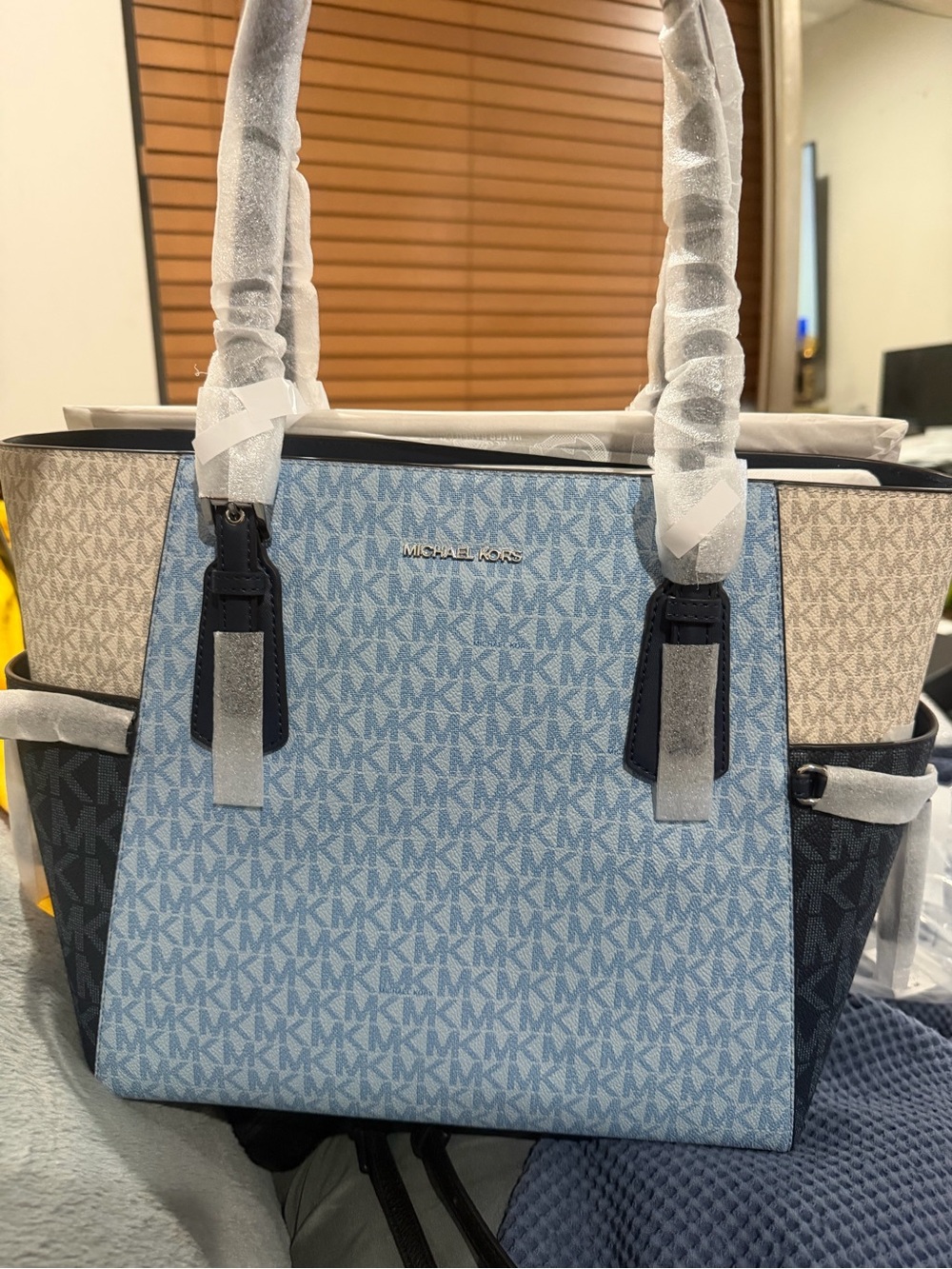 Michael Kors Light Blue MK Signature Tote with Navy Trim